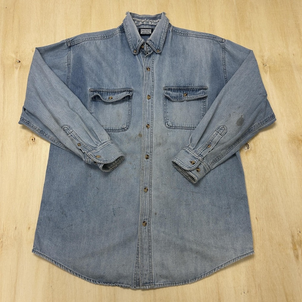 Vintage Premier International Shirt Mens Medium Blue Denim Long Sleeve Button Up